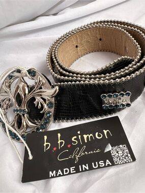 B.B. Simon Black Lizard-Textured Belt with Teal Crystal Buckle and belt.
